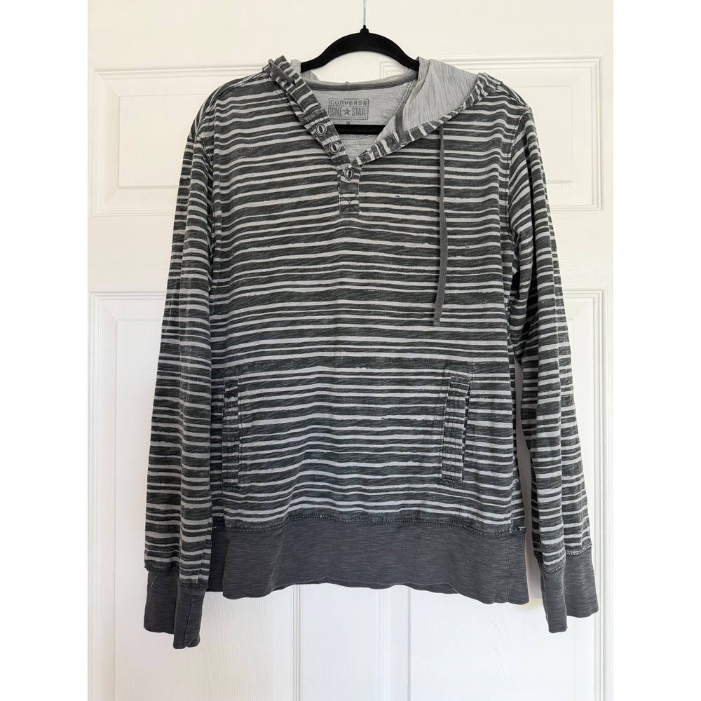Converse One Star‎ Womens Grey Striped Henley Hoodie Cotton Slub Size M